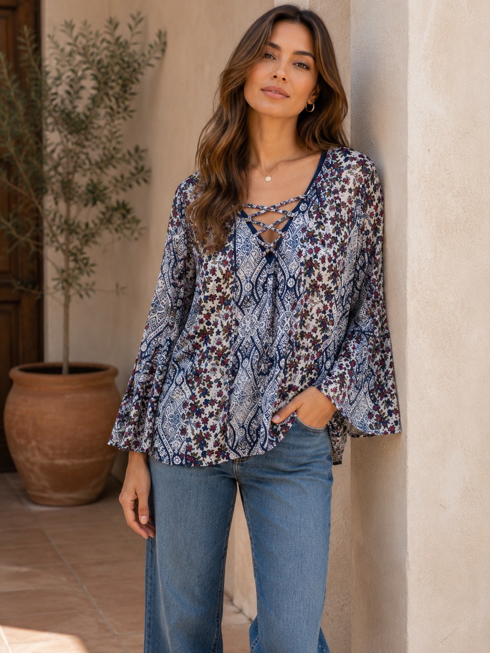 Speechless Navy Blue Multi Floral Lace-Up Peasant Blouse
